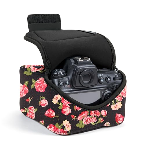 USA Gear Camera Sleeve (Large) for Mid-Size SLRs Compatible with Sony A7 V, Canon EOS R6 Mark II, Nikon Z 6III & more - Padded Neoprene DSLR Case with Zipper Accessory Pocket & Belt Loop (Floral) - color: Floral, size: Mid-Size SLR