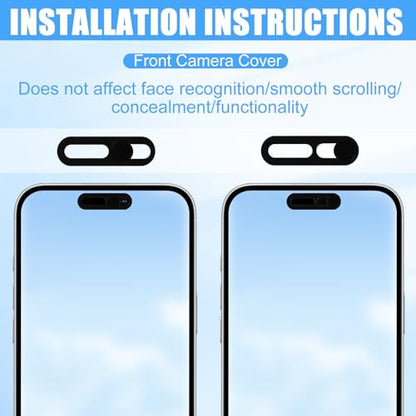 2pcs Front Camera Cover Slide, Ultra Thin Webcam Cover Front Phone Camera Protection to Protect Privacy and Security Compatible with iPhone 15 16 17 Air 14 17 Pro Max (Black)
