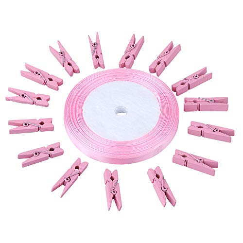 jijAcraft 100Pcs Clothespins with Ribbon, 1.4Inch Wooden Clothes Pins with 25Yds Pink Ribbon, Pink Photo Clips, Small Baby Shower Decor Clips, Crafts Clothespins for Wedding, Birthday - color: Pink