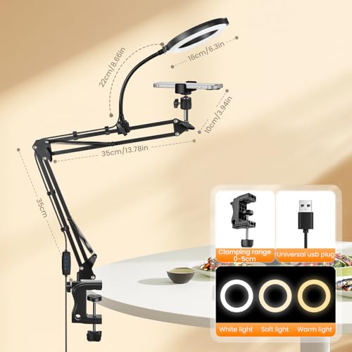 Overhead Phone Mount with Ring Light, 6.5in LED Selfie Ring Light for Desk，,Adjustable Phone Mount，for Video Recording,Live Stream,Cooking Video