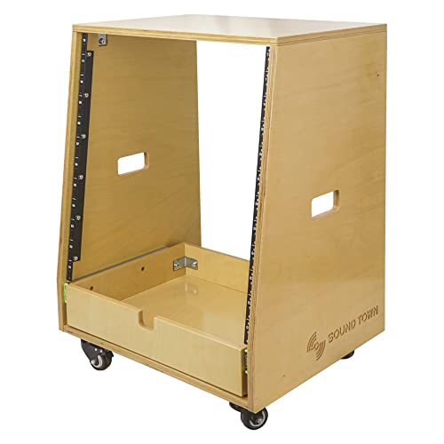Sound Town 12U DIY Solid Baltic Birch Plywood Slanted Studio Rack with 12U Rack Space, Extra 2U Drawer, Rubber Feet, Casters, Golden Oak (SDRK-12TD2) - size: 12U, Golden Oak, Slanted w/ Drawer