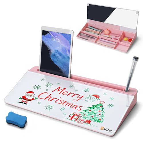 SELEAD Desktop Glass Whiteboard with Organizer & Built-in Mirror - Small Dry Erase White Board Computer Pad Keyboard Stand with Markers, Eraser, Holder for Women - Pink - color: Pink Basic