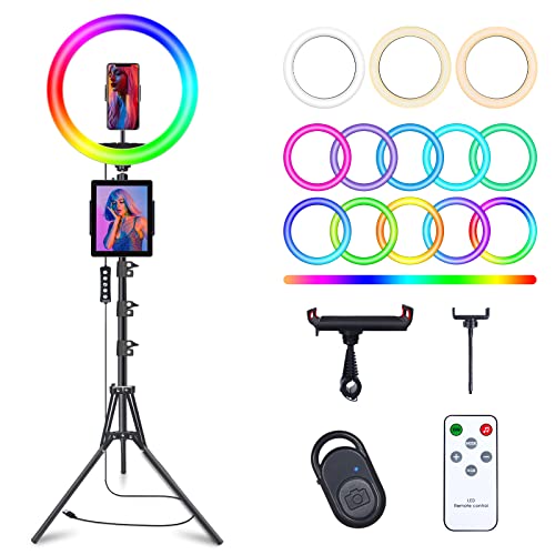 10" Selfie Ring Light with 73" Tripod Stand & 1 Phone Holder, LED Camera Ringlight with 48 RGB Colors Modes & Musical Rhythm Mode and 12 Brightness Dimmable for TikTok/Makeup/Photography/Vlog - color: 10" Musical Version
