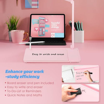 SHANTRA 16'' x 7'' Desktop Whiteboard with Fast Charger Station & Adjustable LED Lamp, Pink Desk Dry Erase Board with Organizer, Computer Pad & Keyboard Stand for Home, School, Office Desk Accessories - color: Pink With Led Lamp & Charger Station