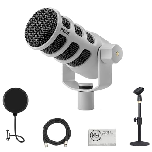 Rode PodMic USB and XLR Dynamic Podcasting Microphone | White Bundle with Pop Filter + Desktop Microphone Stand + XLR Cable + Cleaning Cloth (5 Item) - color: White, style: XLR + USB