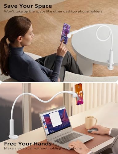 Tryone Gooseneck Phone Holder Stand for Bed Flexible Arm Adjustable Cell Phones Mount Clamp on Desk Bedframe Compatible with iPhone 14 Pro Max 13 12 11 X SE Series/Samsung S22 or Other 4"-7" Devices - color: White