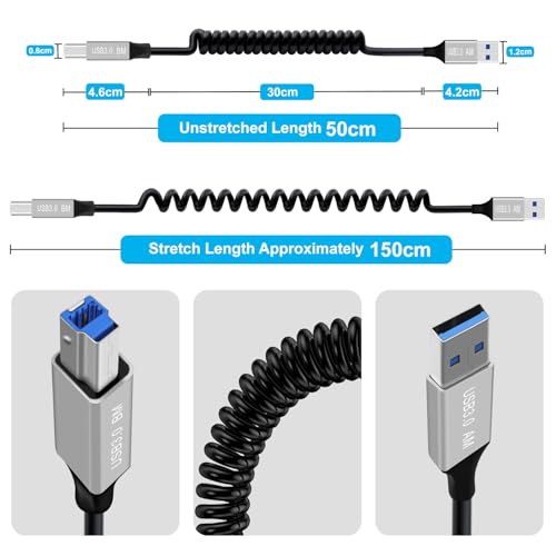 Coiled USB A to B Printer Cable Coiled USB 3.0 Printer Cable Super Speed 5Gbps, for Scanner, External Hard Drives, Multifunction Printers (USB A, 1.5 m) - color: USB A, size: 1.5 m