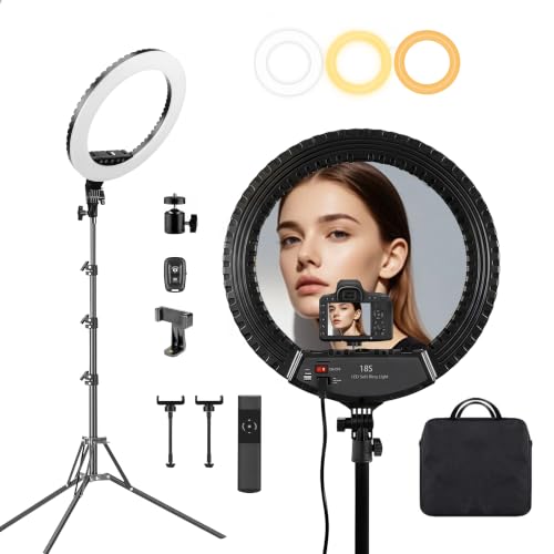 18" LED Ring Light with Tripod Stand, Professional Dimmable Ring Light Kit | 3000K-6000K Color Temperature & Brightness, for Makeup, Photography, Video Recording, Live Streaming, TikTok & YouTube