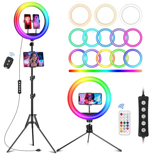 STALLY 12.3" Ring Light with Stand 75" Tall and 2 Phone Holder, Ring Light Tripod for iPhone with 3 CCT Mode & 96 Color Modes, Remote Shutter, Desk Tripod, Great for Live Stream/Makeup/YouTube/TikTok - size: 12.3in
