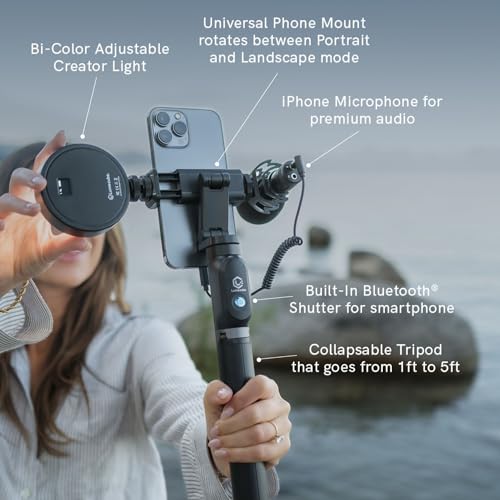 LUME CUBE Content Kit 2.0 - Portable Selfie Phone Grip with Adjustable Tripod Stand, LED Light & Built-in Audio Mic - Selfie Mobile Lighting Kit for Creators