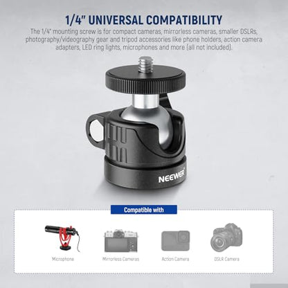 NEEWER Basic Mini Ball Head, Portable Tripod Head Camera Mount Adapter with 1/4" Screw for Compact DSLR Action Cam Phone LED Ring Light Monopod Slider, 4.4lb Max Load, 360° Swivel & 90° Tilt, GM01 - style: GM01