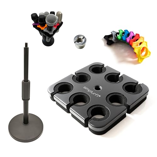 Multi Microphone Holder with desktop Mic Stand - Square Tray Attachment holds up to 8 mics On Stage Organizer and Display - 8 Anti-roll Rings Included - size: with desktop stand