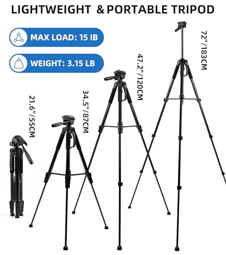 72'' Camera Tripod, Aluminum Lightweight Portable Tripods Stand with Carry Bag, Professional Travel Complete Tripod for DSLR Cellphone Live Streaming Vlog - size: 72in(Alu)