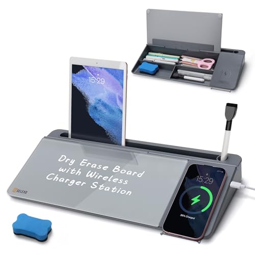 SELEAD Desktop Glass Whiteboard with Wireless Charger Station, Dry Erase White Board Computer Pad Keyboard Stand with Organizer for Home, School, Office Desk Accessories, Gray - color: Grey-wireless Charger