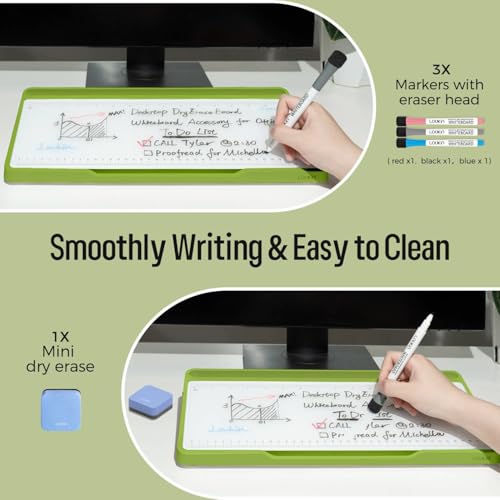 LOUKIN Glass Desktop Whiteboard, 15.3" x 5.6" Dry Erase Desk Board with Dotted and Graduated Surface, Desktop Buddy, Great for Design and Drawing, 3 Markers and 1 Dry Erase Eraser Included (Green) - color: Green