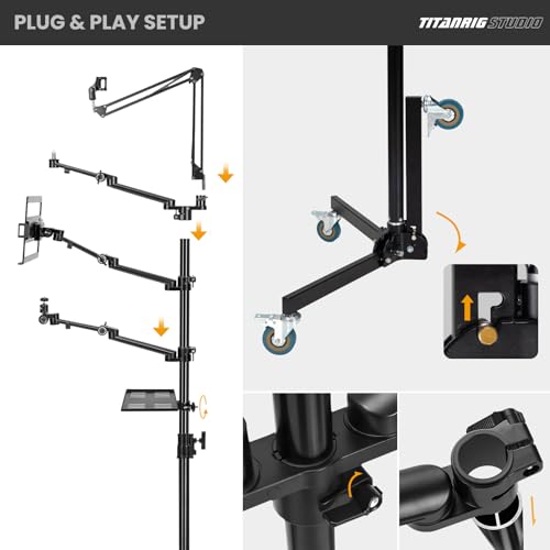 TARION Live Streaming Stand with Wheels - 61"/155cm 5-in-1 Stream Stand Equipment Kit: 1 Mic Boom + 3 Articulated Arms + 1 Projector Holder, Adjustable Heavy-Duty Floor Live Tree Stand Setup TitanRig - size: 5-in-1 Floor Set