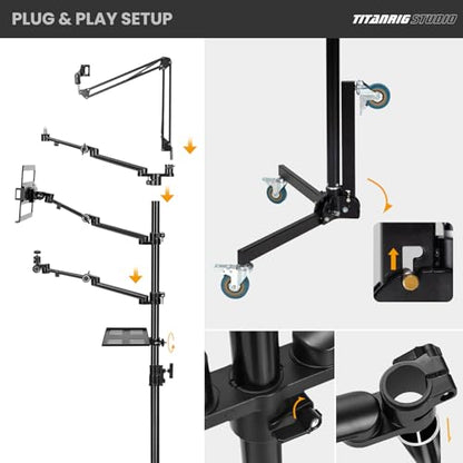 TARION Live Streaming Stand with Wheels - 61"/155cm 5-in-1 Stream Stand Equipment Kit: 1 Mic Boom + 3 Articulated Arms + 1 Projector Holder, Adjustable Heavy-Duty Floor Live Tree Stand Setup TitanRig - size: 5-in-1 Floor Set