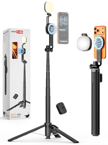 USKEYVISION Magnetic Tripod for iPhone & Android with Light,69” Extendable Selfie Stick for Magsafe,Auto-Open Phone Stand w/Magnetic Selfie Light,Remote,Vlogging Kit for Video Recording(MPT-04)