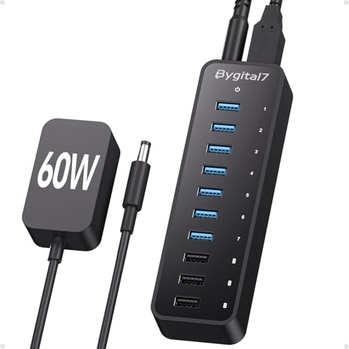 60W Powered USB 3.0 Hub 10-Port, 7 USB 3.0 Data Ports (5Gbps) + 3 Smart Charging Ports (BC1.2 2.4A), 60W Power Adapter Desktop USB Splitter for Laptop, PC, Mac, Mobile, HDD - color: 10-Ports Data Hub
