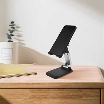 SHERCHPRY Aluminum Alloy Desktop Phone Holder Stand for Office and Home, Foldable Tablet and Cell Phone Desk Stand, Heavy Duty Stable Base in Black for Live Streaming and Video Calls