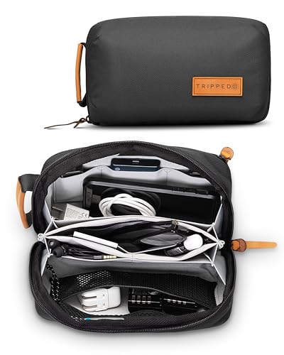 Tech Bag Organizer - Small Electronics Organizer Pouch for Travel - Premium Travel Case with Leather Accents - Mesh Pocket for Cables, Cords and Chargers (Black) - color: Black