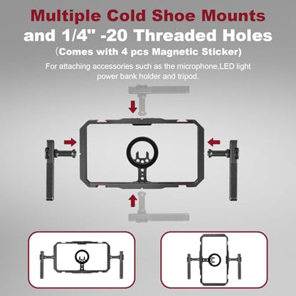Magnetic Phone Cage with Handle,Smartphone Cage Kit with 360° Rotation Handgrip and Magnetic Sticker for Photography,Compatible with iPhone 17/16/15/14/13 Series and Andriod Phones (Black) - color: Black
