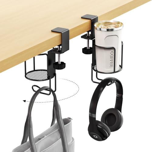CABTE 2 Pack 2 in 1 Desk Mug Hooks with Headphone Hanger Holder, Anti-Spill Clip-On Table Mug Hooks with 360° Rotation for Lawn Chair, Office Home Gaming Table - color: 2 PACK
