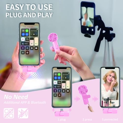 Pink Mini Wireless Microphone, Professional Lavalier Lapel Mic with USB-C & Lightning for iPhone, iPad, Android, iPhone Mic for Crystal Clear Recording, Video Making, Vlogging, Content Creators