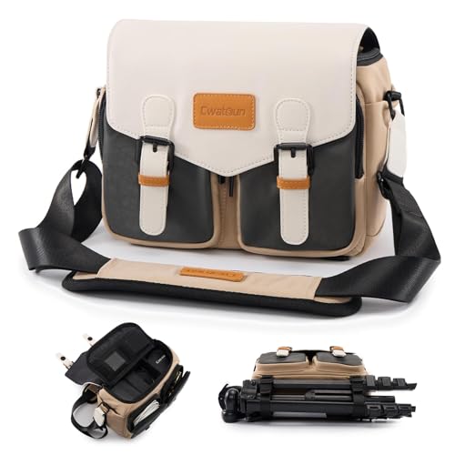 Cwatcun Camera Shoulder Bag Compact Camera Case, Small Waterproof Camera Messenger Bag with Tripod Holder, Travel Photography Bag for Canon, Nikon, Sony, Fuji DSLR/SLR/Mirrorless Camera, Lens - color: White, size: M