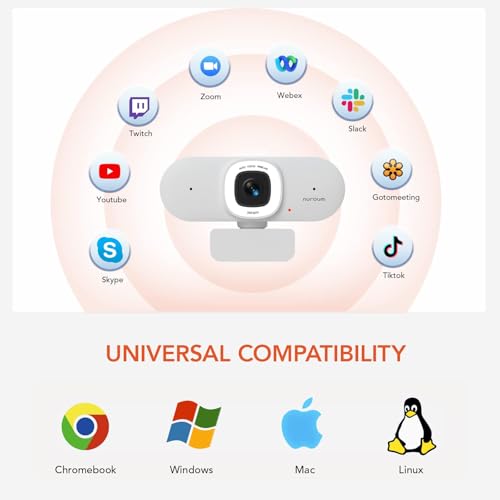 Nuroum V15AFL 2K Webcam with Ring Light for Streaming, Autofocus Webcam for PC w/Noise Cancelling Dual Mics, 1080P 60fps, 75° FOV&Lightweight, USB Web Camera Plug&Play for Zoom/Teams/OBS/Xsplit, white