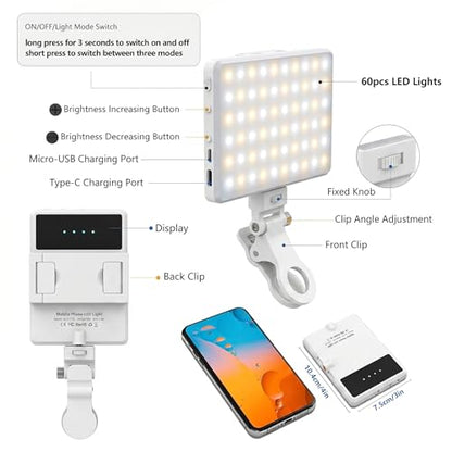 Selfie Light, Phone Light with Front & Back Clip, 60 LED Portable Light with 3 Modes, 5000mAh Rechargeable Video Light for Phone, iPhone, IPad, Laptop, TikTok, Makeup, Lighting Monolights(White) - color: White
