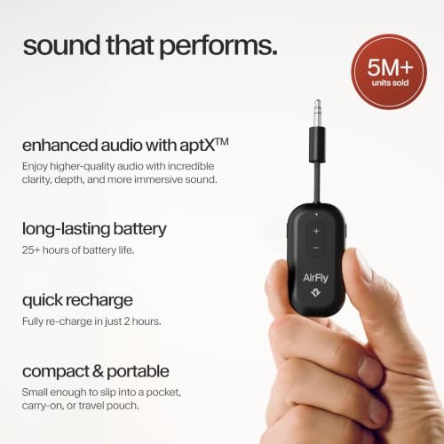 AirFly Pro 2 – Bluetooth Adapter for Airplane, Pair 2 AirPods or Wireless Headphones – 3.5mm AUX Bluetooth Transmitter and Receiver for Cars, Boats, Treadmills, TVs– Airplane Travel Essentials, Black - color: Black, style: AirFly Pro 2