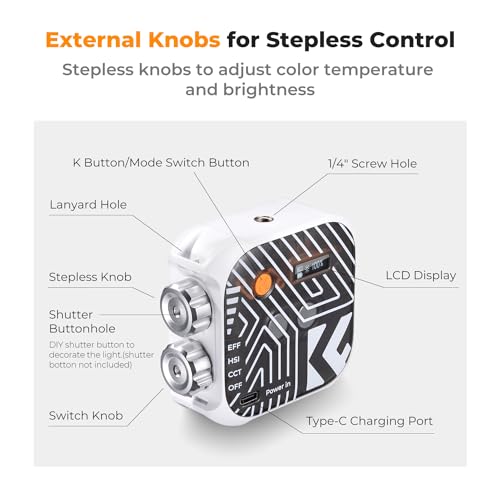 K&F CONCEPT RGB Video Light, 360° Full Color Portable Photography Light, LED Camera Light w 21 Light Effects, 2500K-9900K CRI 96+, 2000mAh Rechargeable Photography Lighting for Vlogging, Selfie, White - color: White