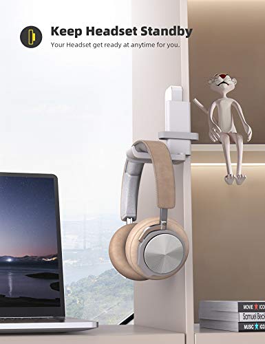 Lamicall Headphone Stand, Sticky Headset Hanger - 360 Degree Rotation Earphone Adhesive Hook Holder Mount, Table Headphone Stand with Cable Organizer, Headset Clamp for HyperX, Sennheiser -White - color: White