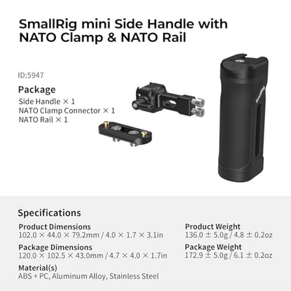 SmallRig Mini Side Handle with NATO Clamp & NATO Rail, for Left or Right Hand, Up and Down Adjustable, with Built-in Cold Shoe & Threaded Hole, Max. Load 10kg / 22lb - style: NATO with Rail