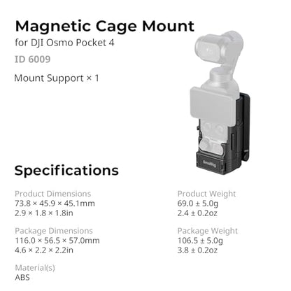SMALLRIG Folding Magnetic Mount Stand for DJI Osmo Pocket 4P/4, 180° Damping Adjustable Arca-Swiss Backplate, Expansion Adapter with Bidirectional Mount, Cold Shoe Mount, 1/4"-20 Threaded Hole - 6009