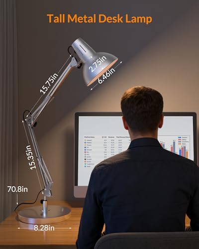 LEPOWER Metal Desk Lamp, Adjustable Goose Neck Architect Table Lamp with On/Off Switch, Swing Arm Desk Lamp with Clamp, Eye-Caring Reading Lamp for Bedroom, Study Room &Office (Silver) - color: Silver