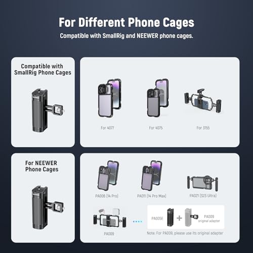 NEEWER Side Handle Grip with Wireless Remote Control Button Shutter Trigger for Smartphone Cage Video Rig, 2 Mount Adapters with 1/4" Screws & Locating Pins, Compatible with SmallRig Cages, PA005E
