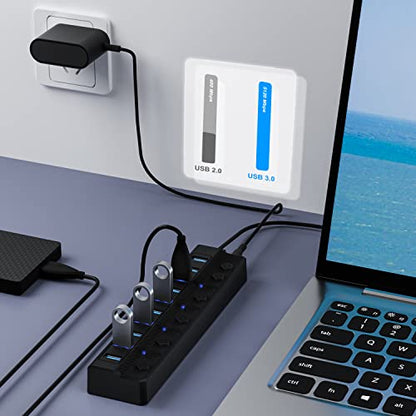 ONFINIO Powered USB Hub 3.0, 10-Port USB Splitter Hub with Individual On/Off Switches and 12V/2A Power Adapter USB Extension - style: 10 PORT 3.0