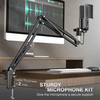 FIFINE USB Podcast Microphone, PC Computer Condenser Microphone Plug & Play Mic Kit with Boom Arm Stand, 16MM Large Diaphragm, Mute Button for Recording Singing Streaming YouTube Gaming-T669PRO1