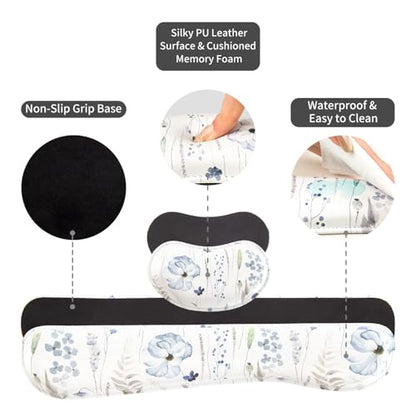 QIYI Leather Desk Mat Set, 4-in-1 Large Mouse Pad with Ergonomic Wrist Rest, Waterproof Desk Pad + Keyboard Wrist Rest + Mouse Wrist Support + Coaster, Non-Slip Office Gaming Accessories, Wildflowers - color: Watercolor Wildflowers