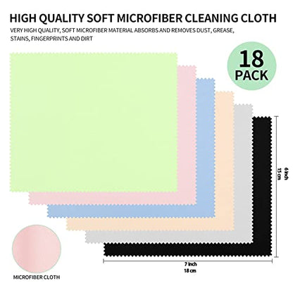 18 Pack Microfiber Cleaning Cloths (7" x 6") Multicolor Glasses Cleaning Cloth for Eyeglasses, Camera Lens, Cell Phones, Laptops, LCD TV Screens and More