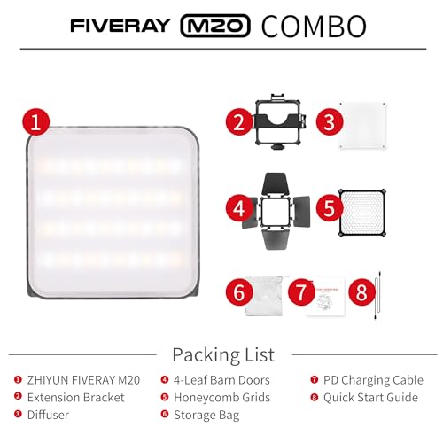 ZHIYUN FIVERAY M20 Combo LED Video Light Bi - Color LED 2700K- 6500K DynaVort Cooling System Mark II with Radiant Full-Color RGB Glow - color: M20 COMBO
