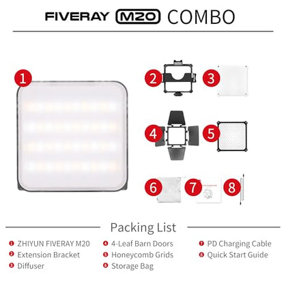 ZHIYUN FIVERAY M20 Combo LED Video Light Bi - Color LED 2700K- 6500K DynaVort Cooling System Mark II with Radiant Full-Color RGB Glow - color: M20 COMBO