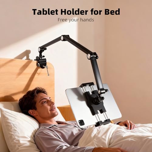 Tablet Stand Holder for Desk and Bed, Adjustable Aluminum Foldable Arm iPad Mount Clamp on Table Compatible with iPad Air Mini, Galaxy Tabs, 4.7-12.9" Tablets and Phones - size: N6L
