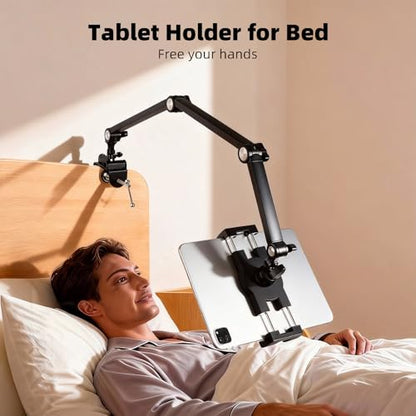 Tablet Stand Holder for Desk and Bed, Adjustable Aluminum Foldable Arm iPad Mount Clamp on Table Compatible with iPad Air Mini, Galaxy Tabs, 4.7-12.9" Tablets and Phones - size: N6L