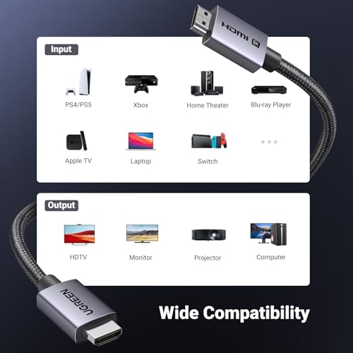 UGREEN 8K HDMI 2.1 Cable 48Gbps 6.6FT, Certified Ultra High Speed HDMI Cord Aluminum, 4K@240Hz 120Hz 10K 8K@60Hz, HDCP 2.2&2.3, eARC HDR 10 Dolby Compatible with PS5/Blu-ray/Roku TV/Switch 2/Mac mini - size: 6.6FT