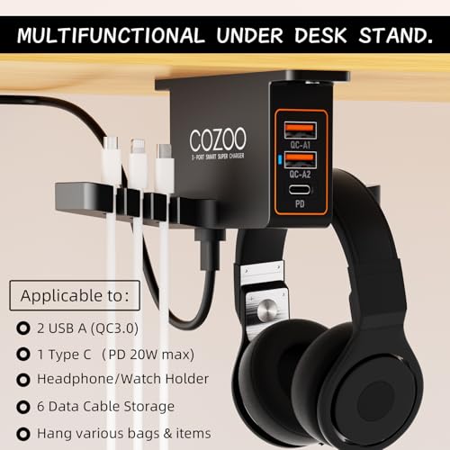cozoo Headphone Stand with USB Charger Under Desk Headset Holder Mount 3 USB Charging Station,iWatch Stand Watch Dock Dual Earphone Hanger Hook,PC Accessories Gifts,UL Tested - color: Black ( PD & QC3.0 )