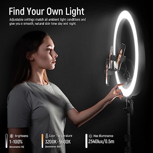 NEEWER Ring Light RP19H 19 Inch with Tripod Stand 3 Phone Holders Compatible with iPhone, Upgraded 2.4G Touch Control Ringlight for Video Recording Streaming Home Office Zoom Selfie Makeup Lighting