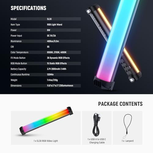 NEEWER Basics 12" Magnetic RGB Light Wand, CRI95 Dimmable 8W LED Handheld Video Tube Lighting Stick with 51 RGB Modes, 2000mAh Battery for YouTube TikTok Camera Streaming Studio Video Recording, SL30